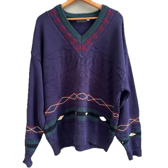 Descente Other - Vintage Descente Sweater Men XLBlue Green V Neck Cotton 80's Ski Cabincore Retro